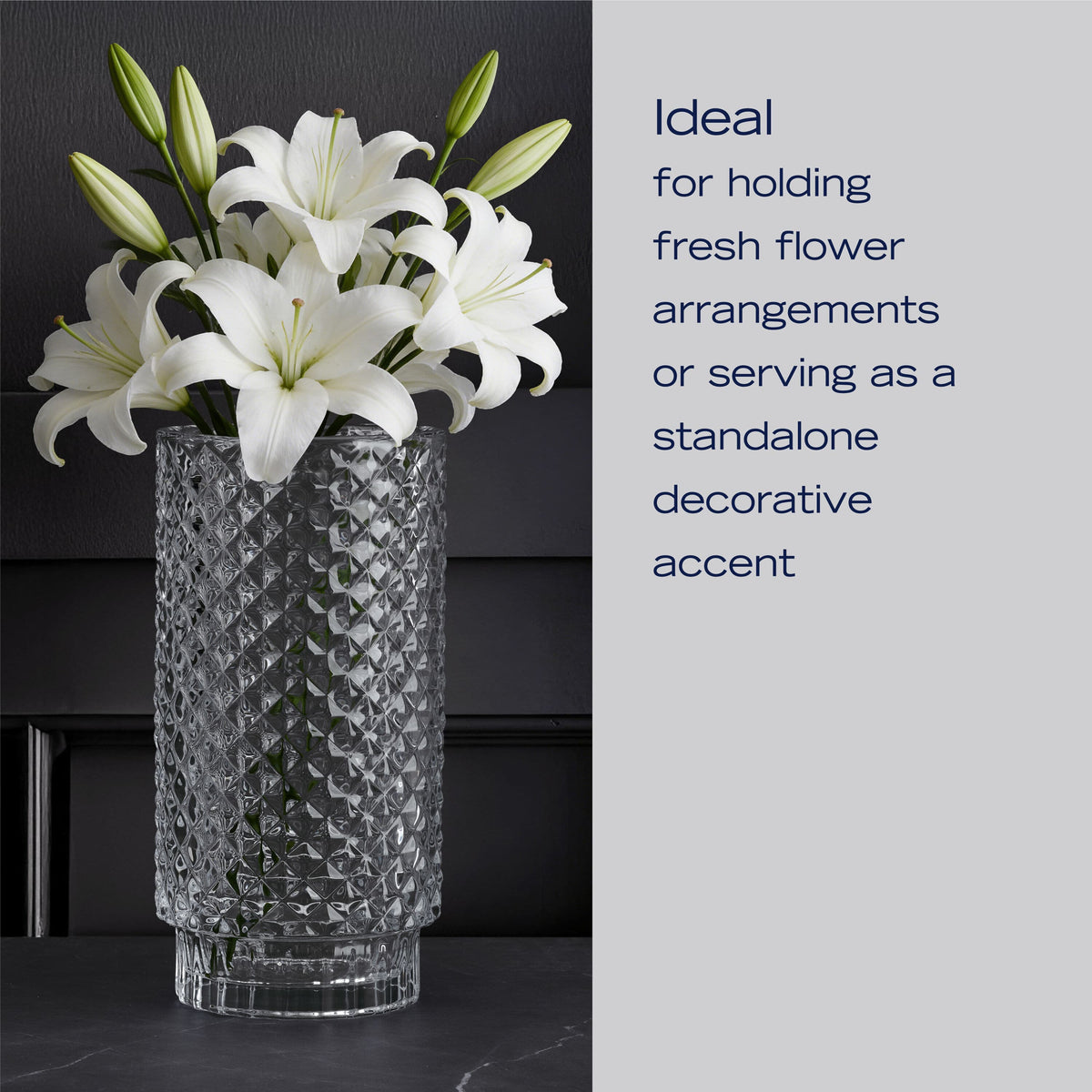 Trellis Glass vase with white lilies against a dark backdrop, showcasing the crystal pattern.