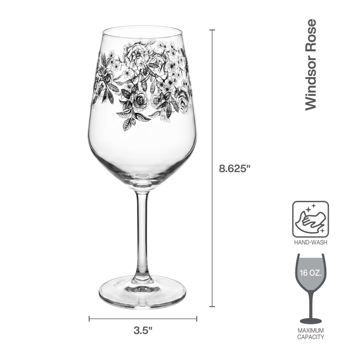 Windsor Rose etched floral wine glass from a four piece set