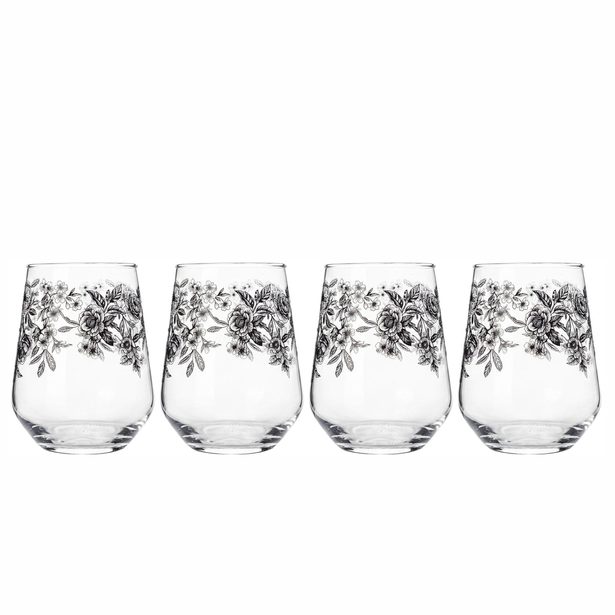Four Windsor Rose stemless wine glasses with a detailed black floral pattern