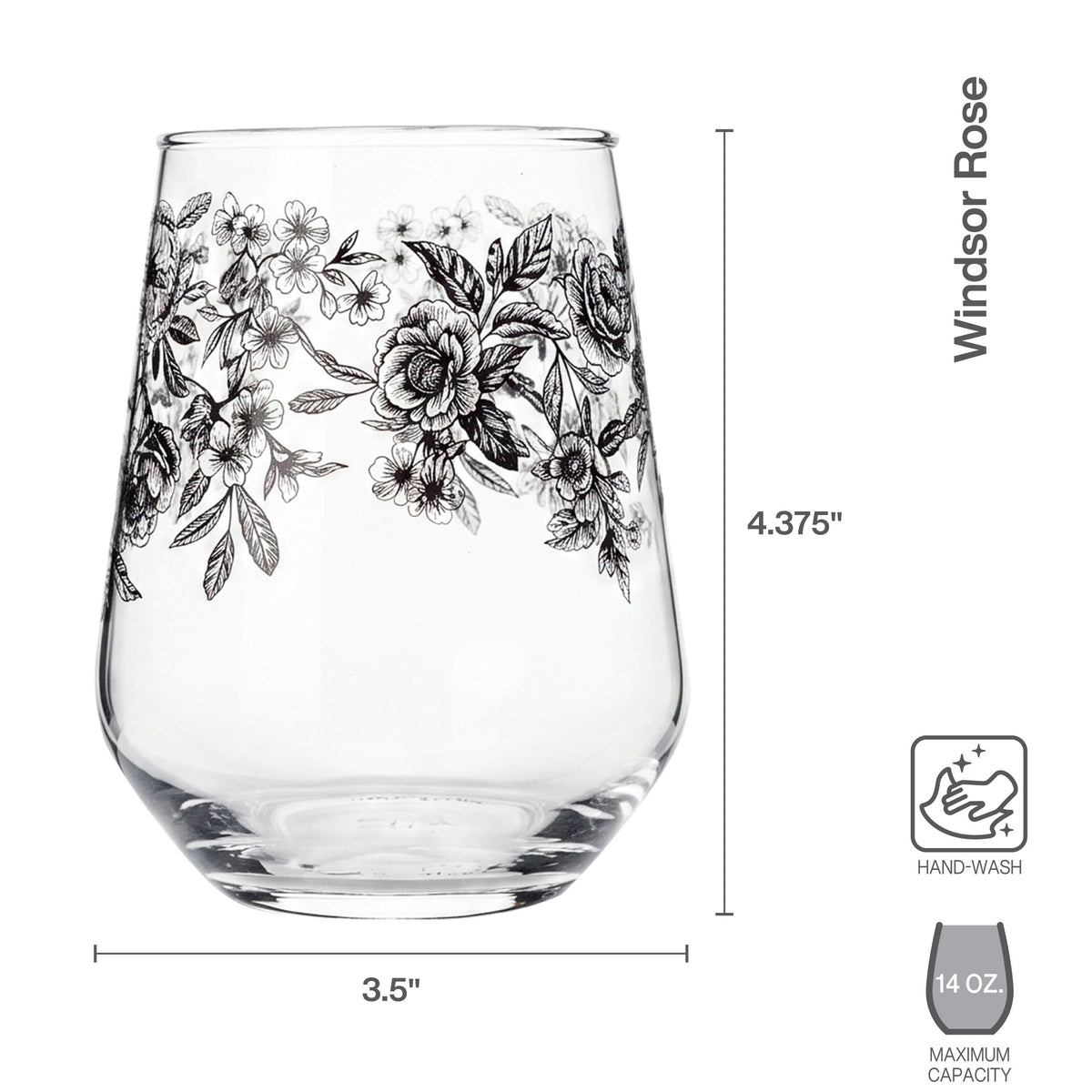 Close up of Windsor Rose stemless wine glass showing the intricate floral pattern and measurement graphics with 14 oz capacity
