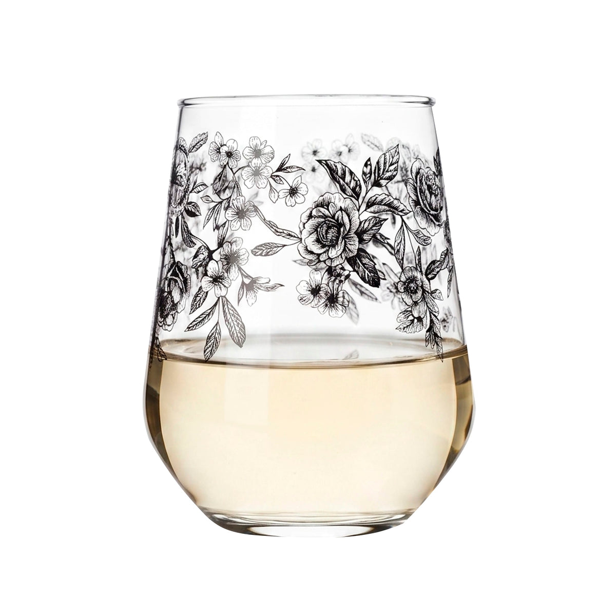 Close-up of a stemless Windsor Rose wine glass showcasing a detailed black floral design