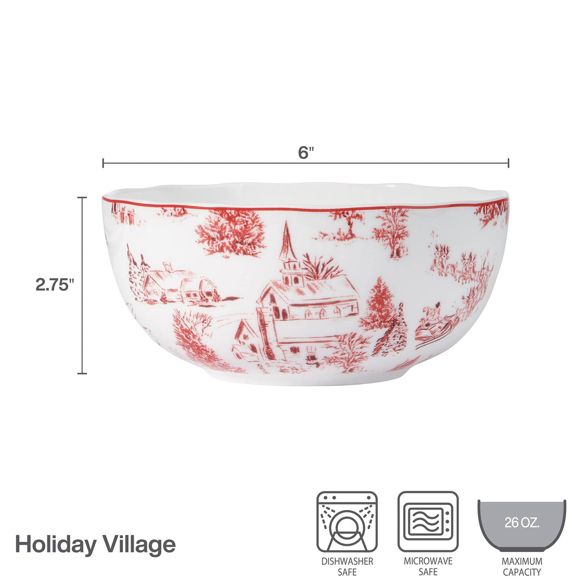 Product diagram showing a 6 inch bowl with dishwasher safe microwave safe and 26 oz maximum capacity icons