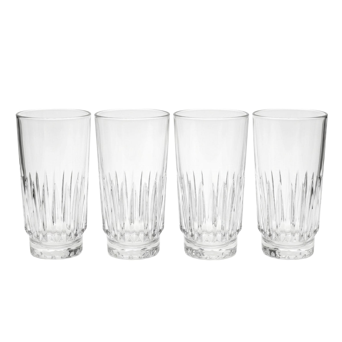 Four Hampshire crystal highball glasses arranged in a row on a white backdrop