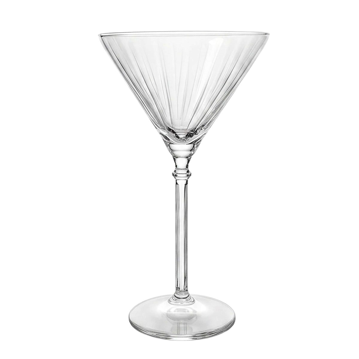Close-up of a clear martini glass with a faceted bowl and long stem against a white background.