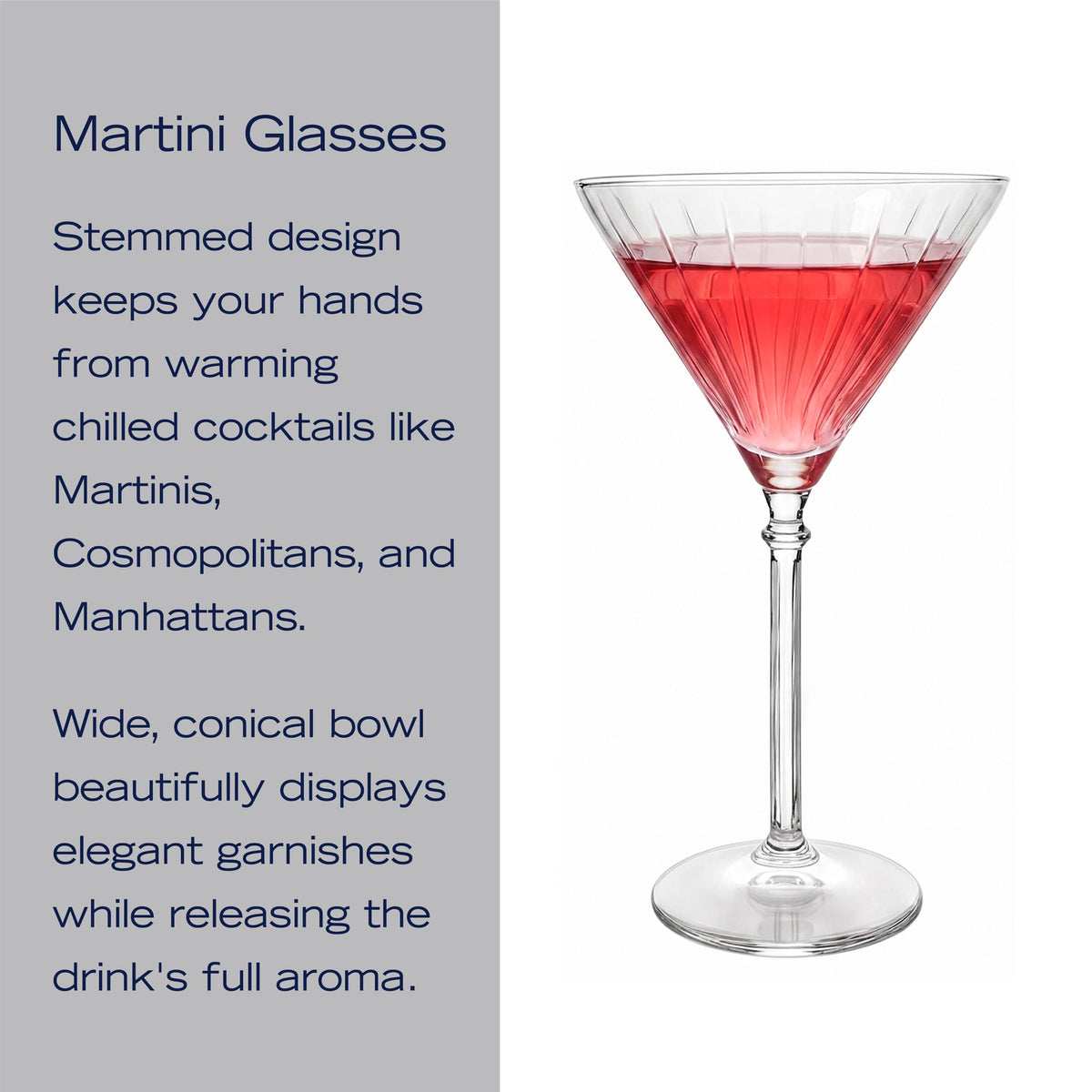 Eloise martini glass with pink cocktail beside a gray text panel