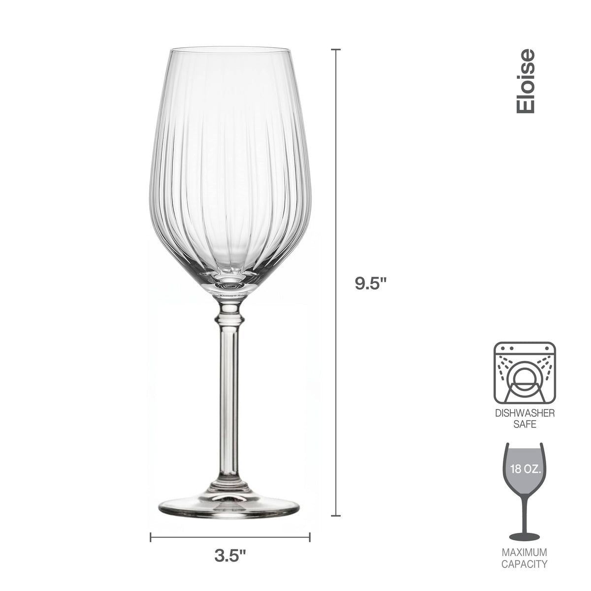 Close up of a ribbed Eloise wine glass showing its tall stem and a 9.5 inch height annotation