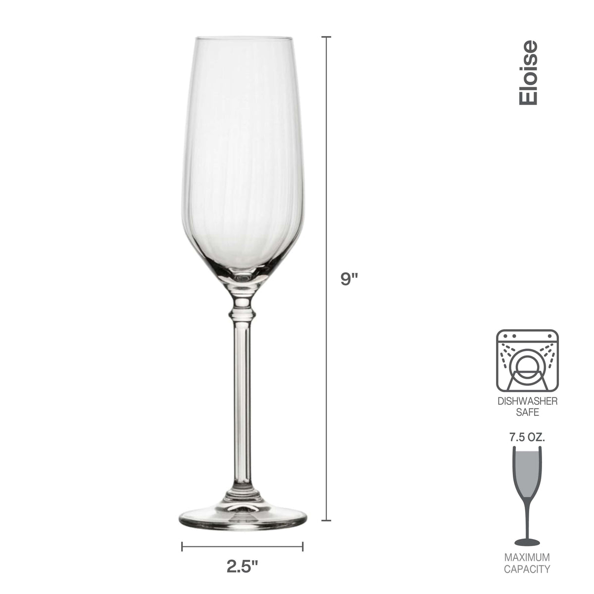 Single Eloise champagne flute with measurement graphics indicating height and capacity