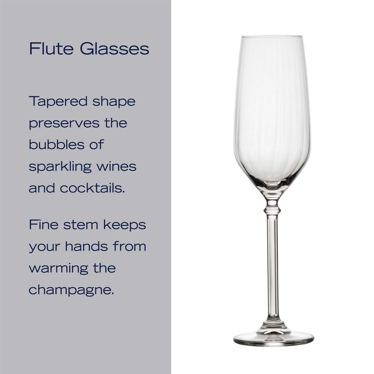 Close up of Eloise champagne flute from the set against a gray panel background