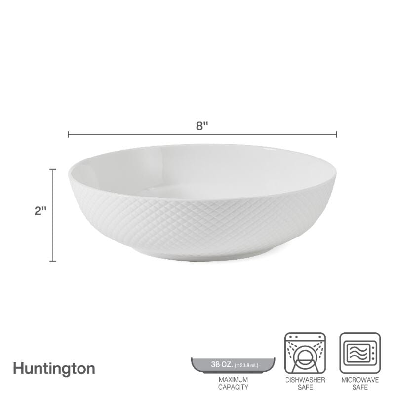 Huntington pasta bowl shown with 8 inch diameter 2 inch height and 38 oz capacity