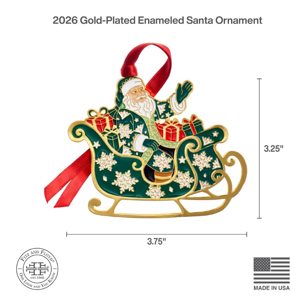 Diagram of the 2026 Gold Plated Enameled Santa Ornament showing its 3.75 inches wide and 3.25 inches tall.