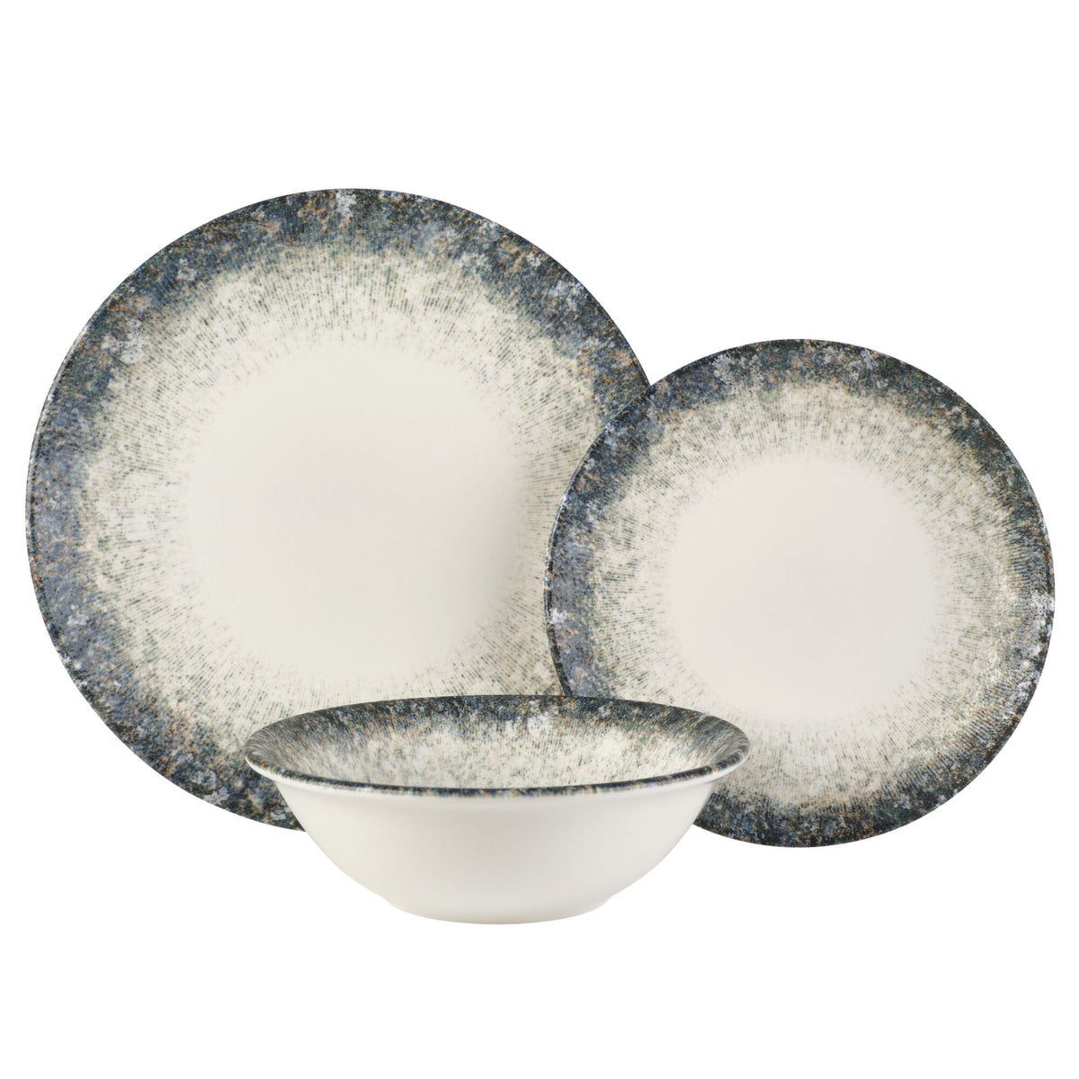 Arctica Blue 12 piece dinnerware set for four with white centers and speckled blue rims