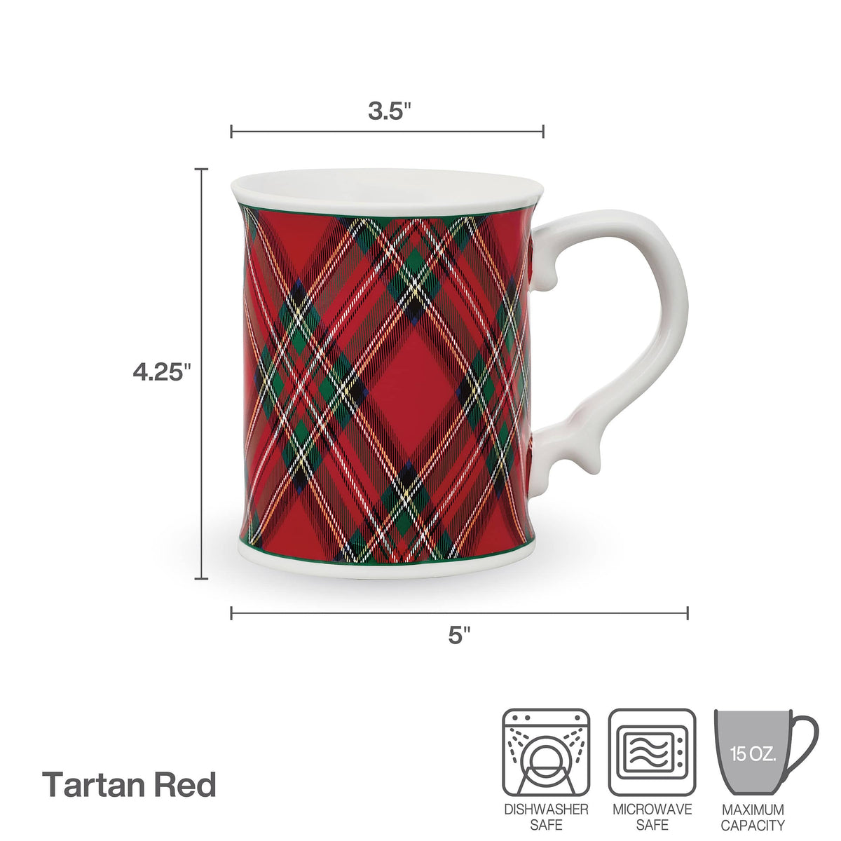 Product diagram of a tartan red mug with white interior showing dimensions 3.5 inches wide and 4.25 inches tall