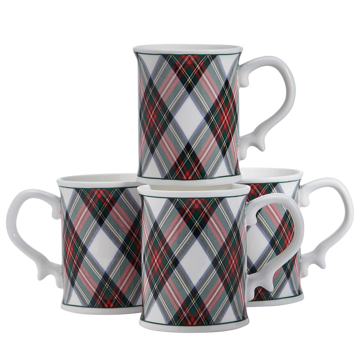 White mug with tartan plaid wrap and a green rim