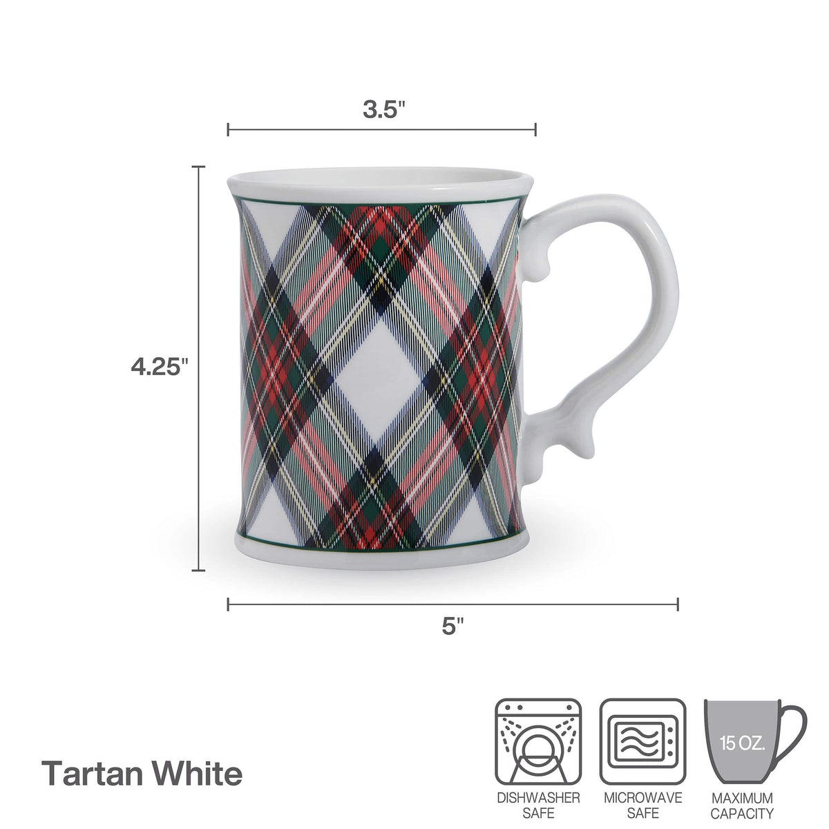 Tartan White mug close up with a multicolored plaid pattern and white handle.