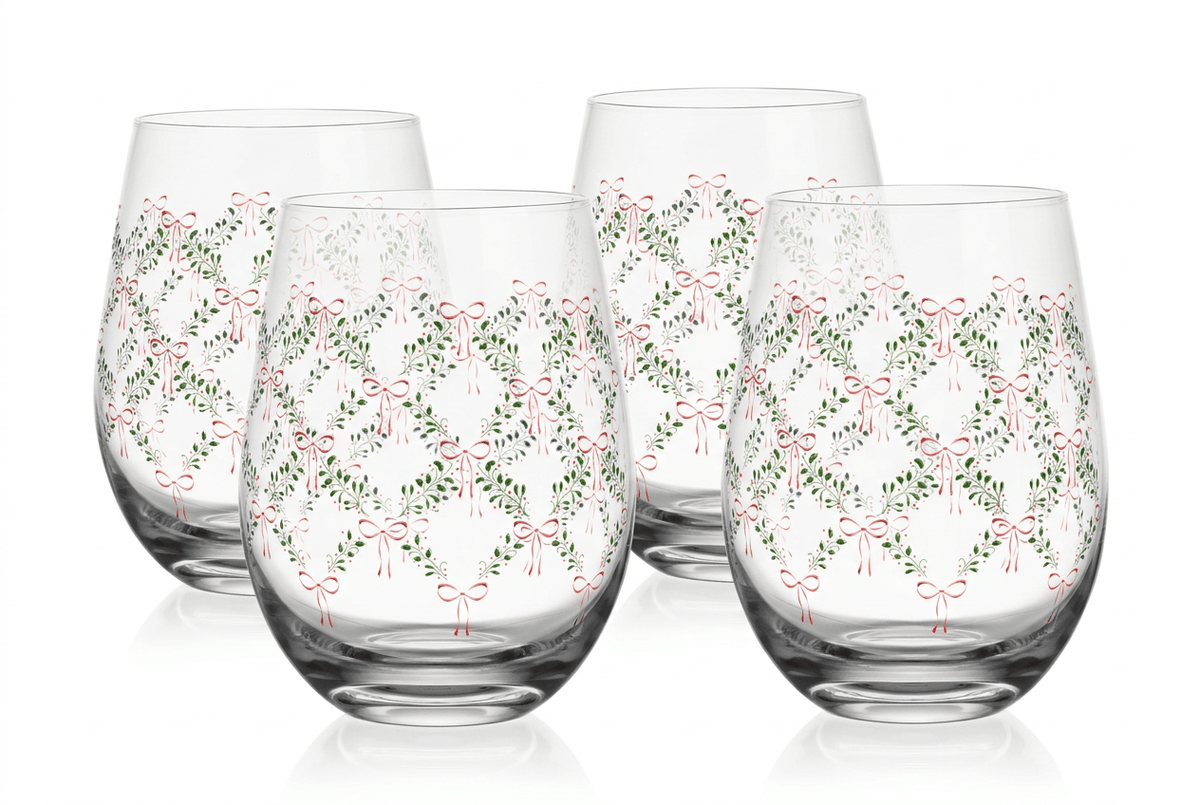 Holiday Bows Coquette set of four stemless wine glasses with festive garland and pink bows