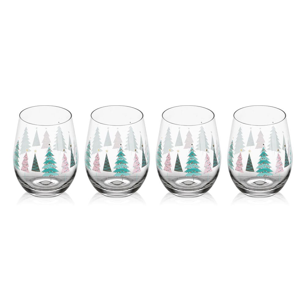 Four stemless wine glasses featuring a pastel Christmas tree forest design.