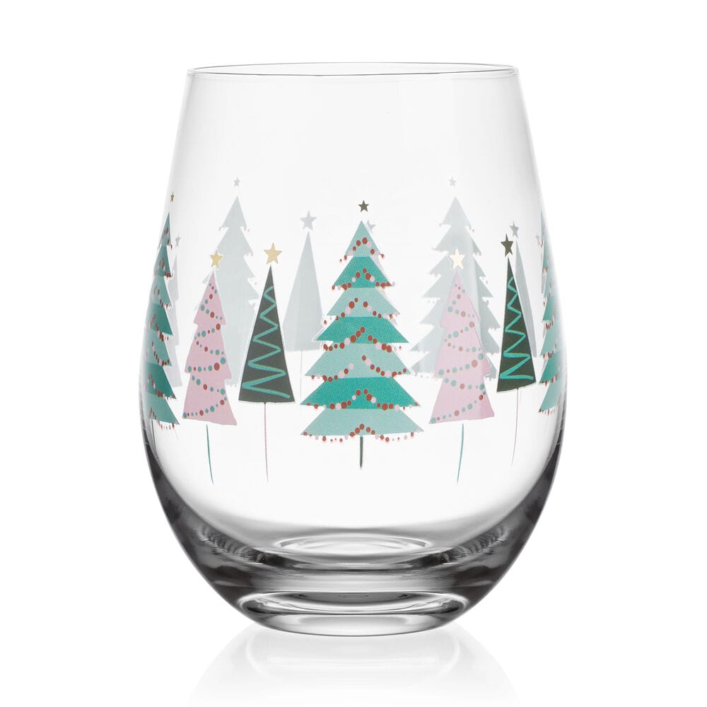 Close up of a stemless wine glass with pastel Christmas tree silhouettes around the bowl.