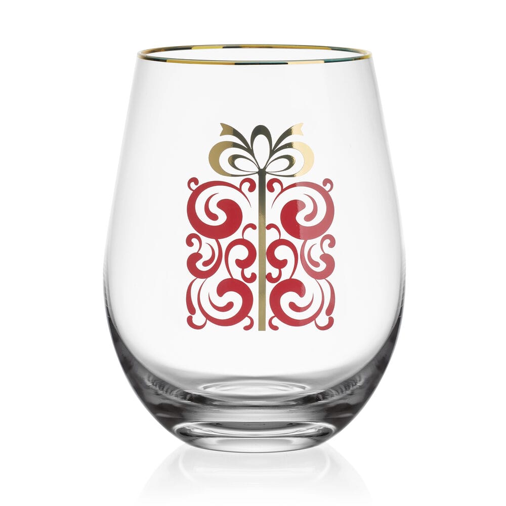 A clear stemless wine glass with a gold rim and a red and gold gift box graphic printed on the front, set against a plain white background.