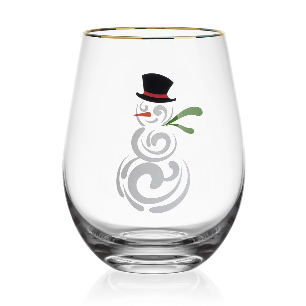 A clear stemless wine glass with a gold rim, featuring a printed snowman design with a black top hat, orange carrot nose, and green mistletoe on a white background.