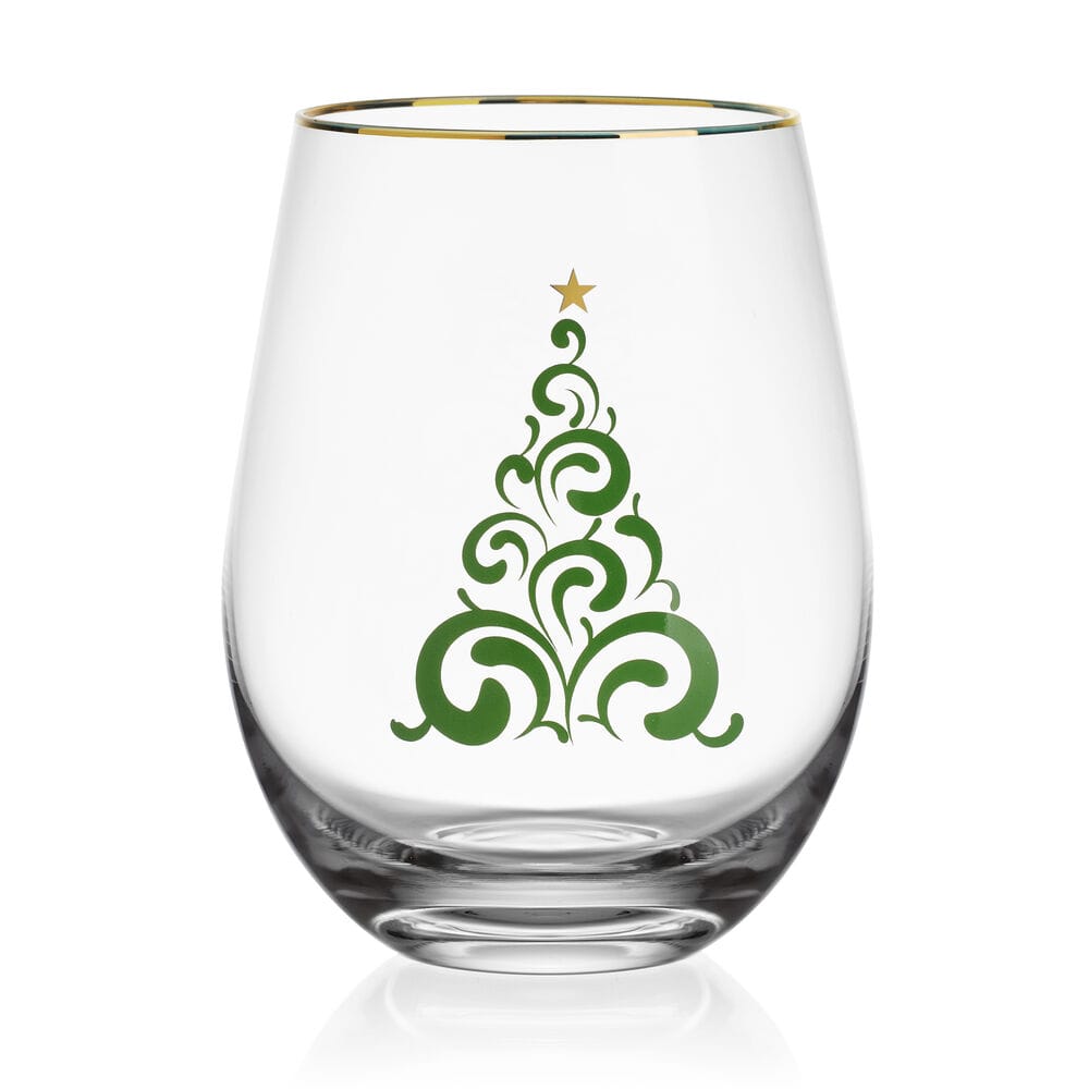 A clear stemless wine glass with a gold rim, featuring a green stylized Christmas tree design with a gold star on the front, set against a plain white background.
