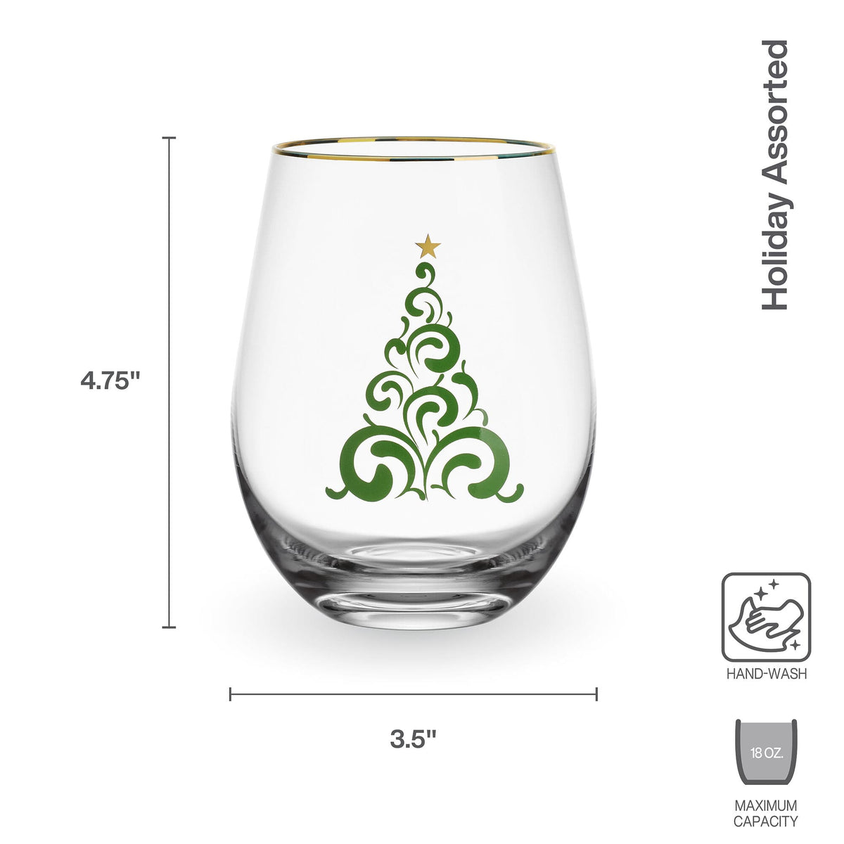 A clear stemless wine glass with a green decorative Christmas tree design and a gold rim, shown with dimension lines indicating 4.75 inches tall by 3.