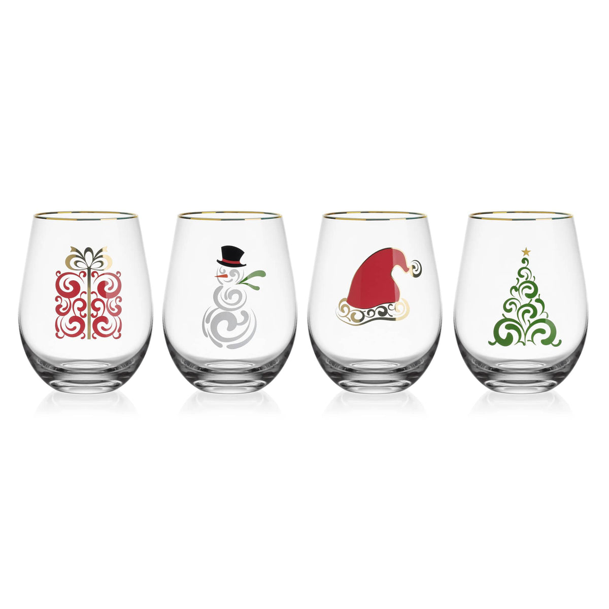 Four clear stemless wine glasses with gold rims, each decorated with a different holiday design: a red gift box, a white snowman with a black top hat, a red Santa hat, and a green Christmas tree, shown on a white background.