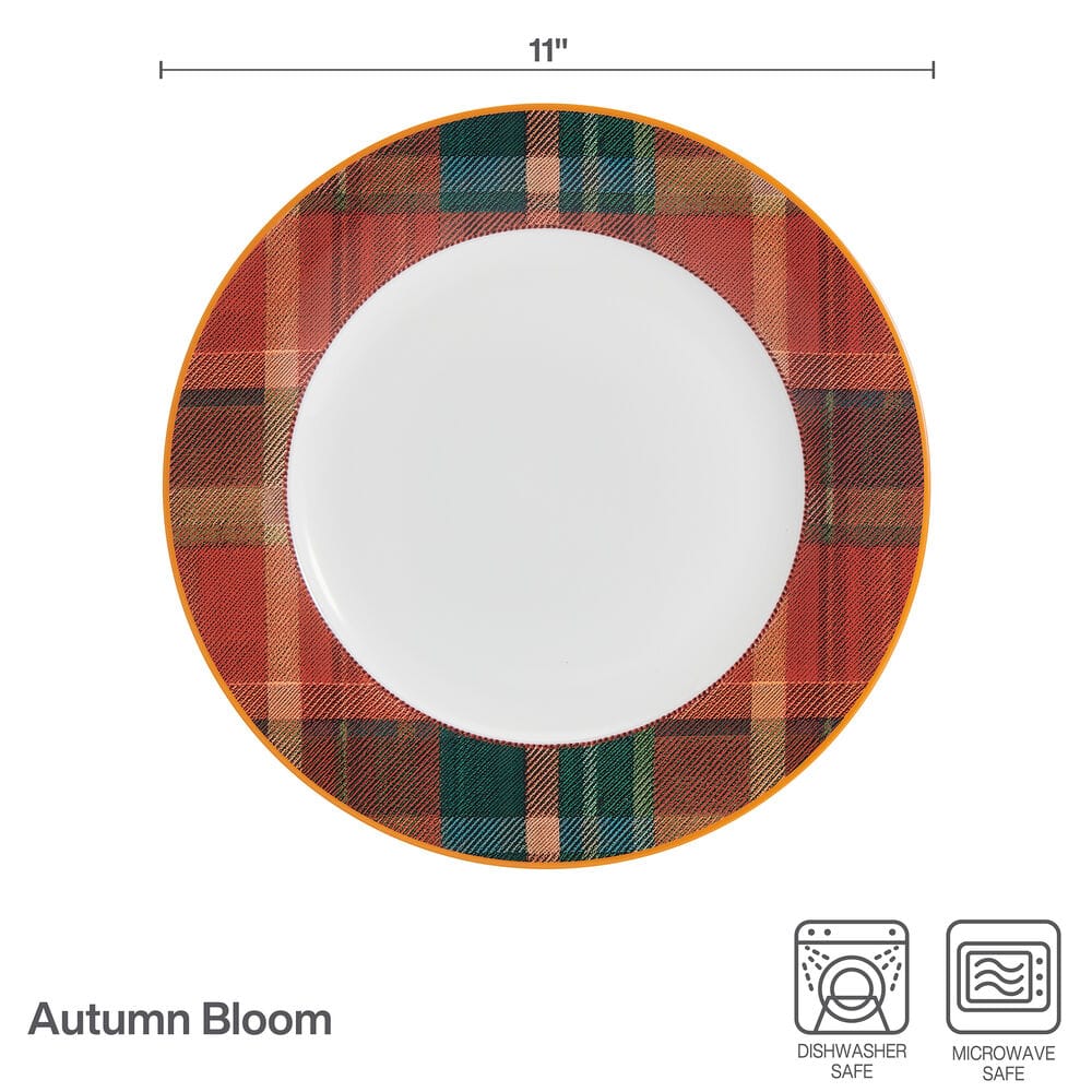 Autumn Bloom 11 inch dinner plate with plaid border and white center