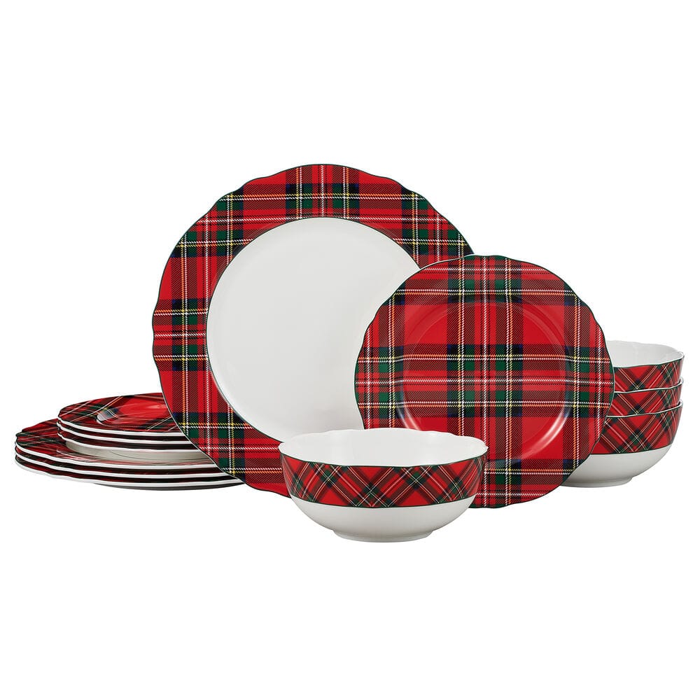 Tartan Red scalloped edge dinnerware set for four with plaid border plates and bowls.