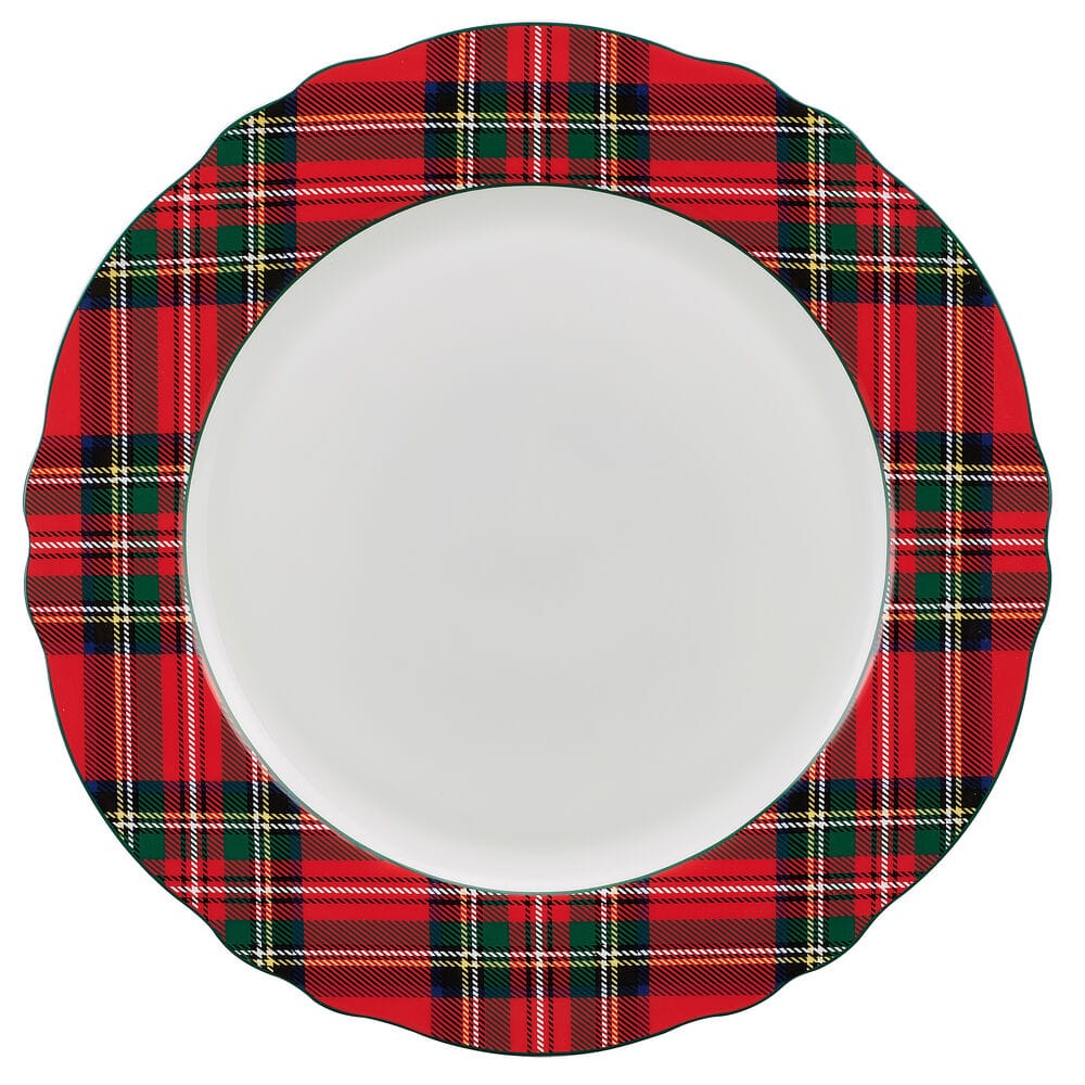 Dinner plate with white center and a red tartan plaid scalloped border