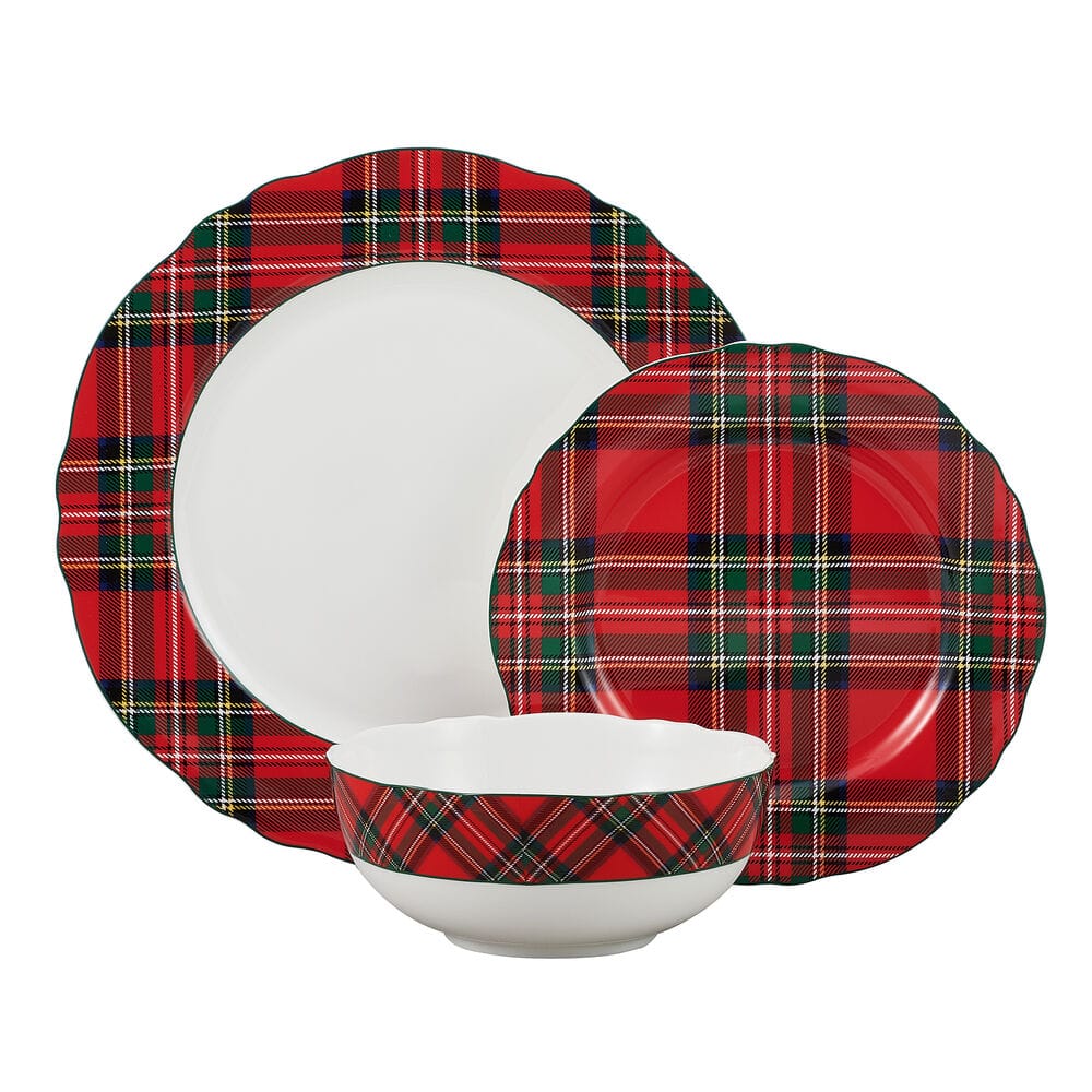Tartan Red Scallop dinnerware set featuring two large plaid plates and a matching bowl on a white background.
