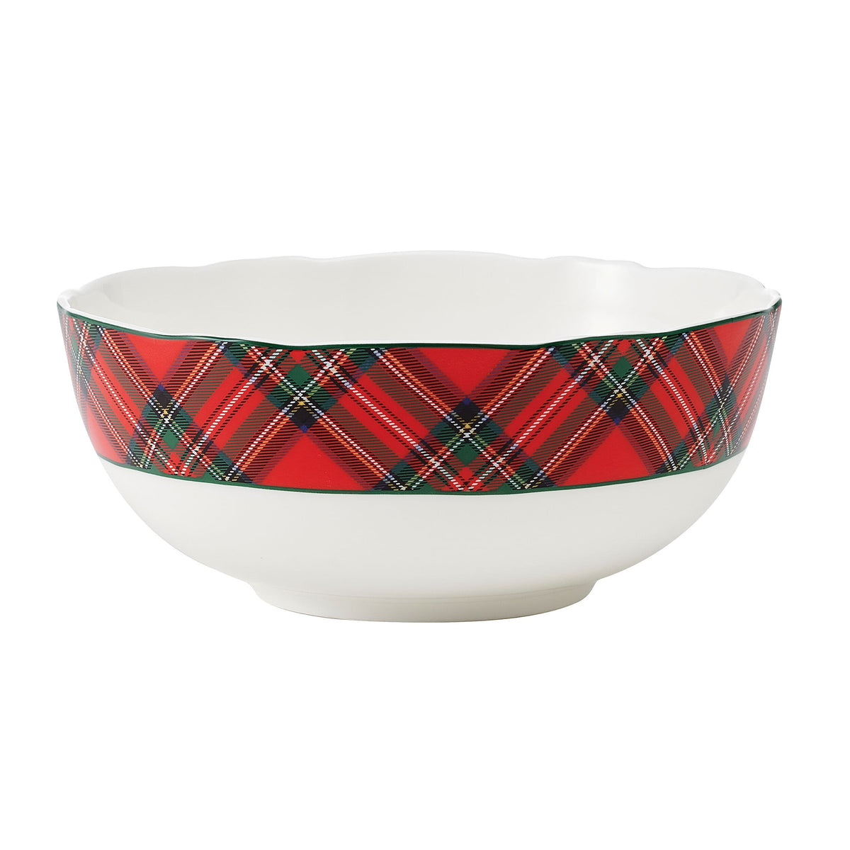 White interior bowl with red tartan plaid exterior along the rim