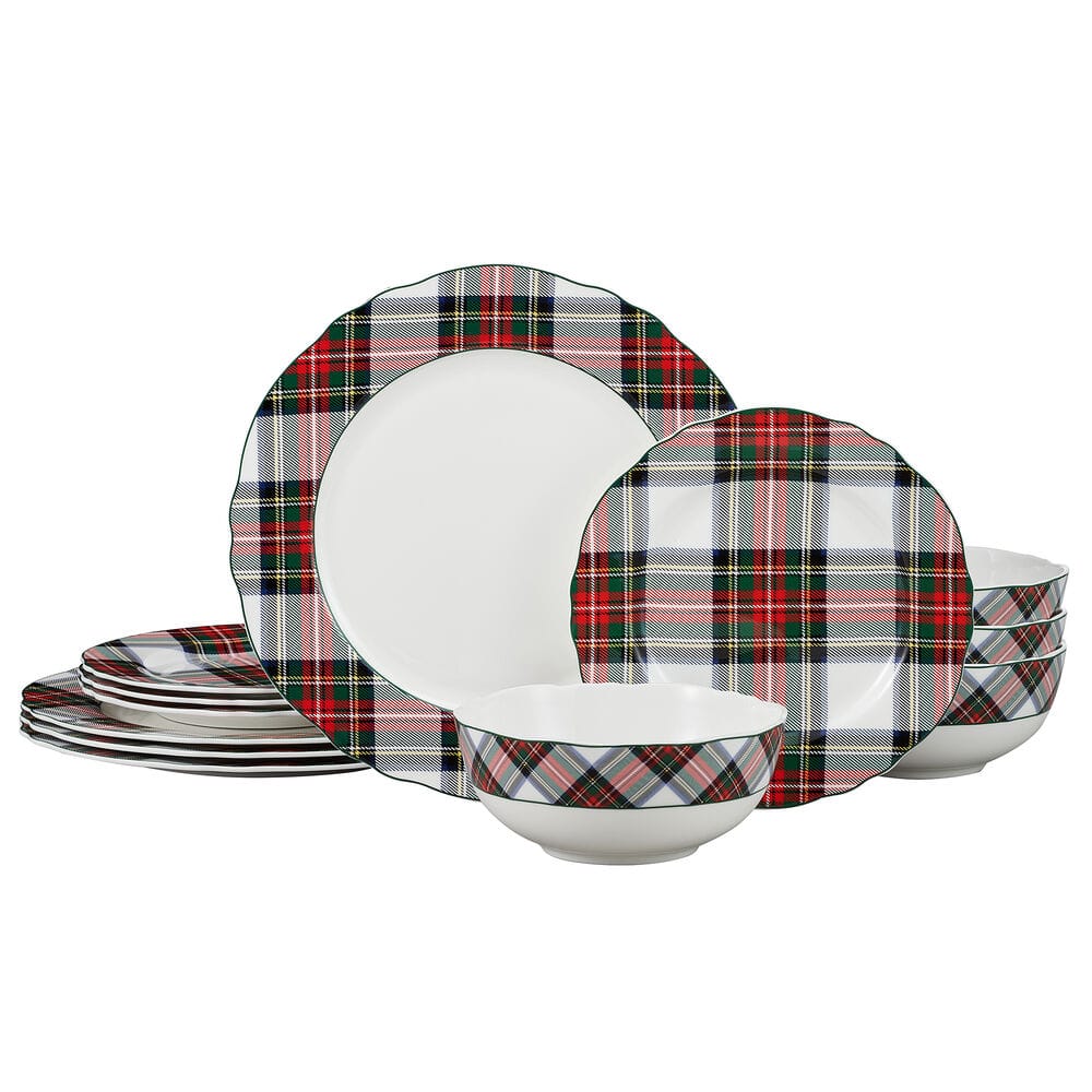 Tartan White Scalloped 12 Piece Dinnerware Set for 4 with white plates and bowls accented by tartan trim.