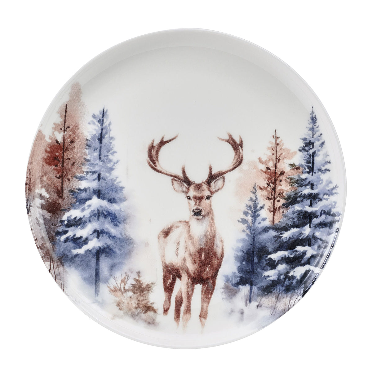 Close up of Whispering Pines plate showing a deer in a snowy forest scene