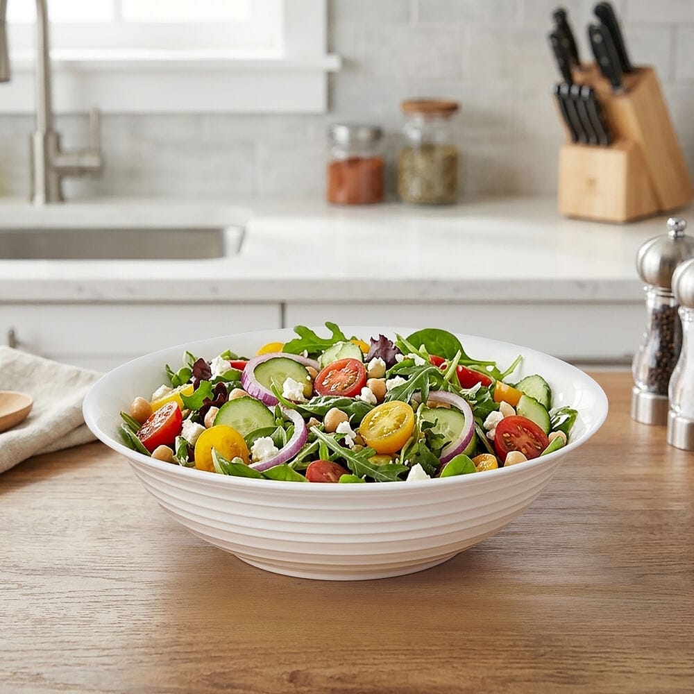 Ciara flared serve bowl filled with colorful salad on a wooden kitchen counter
