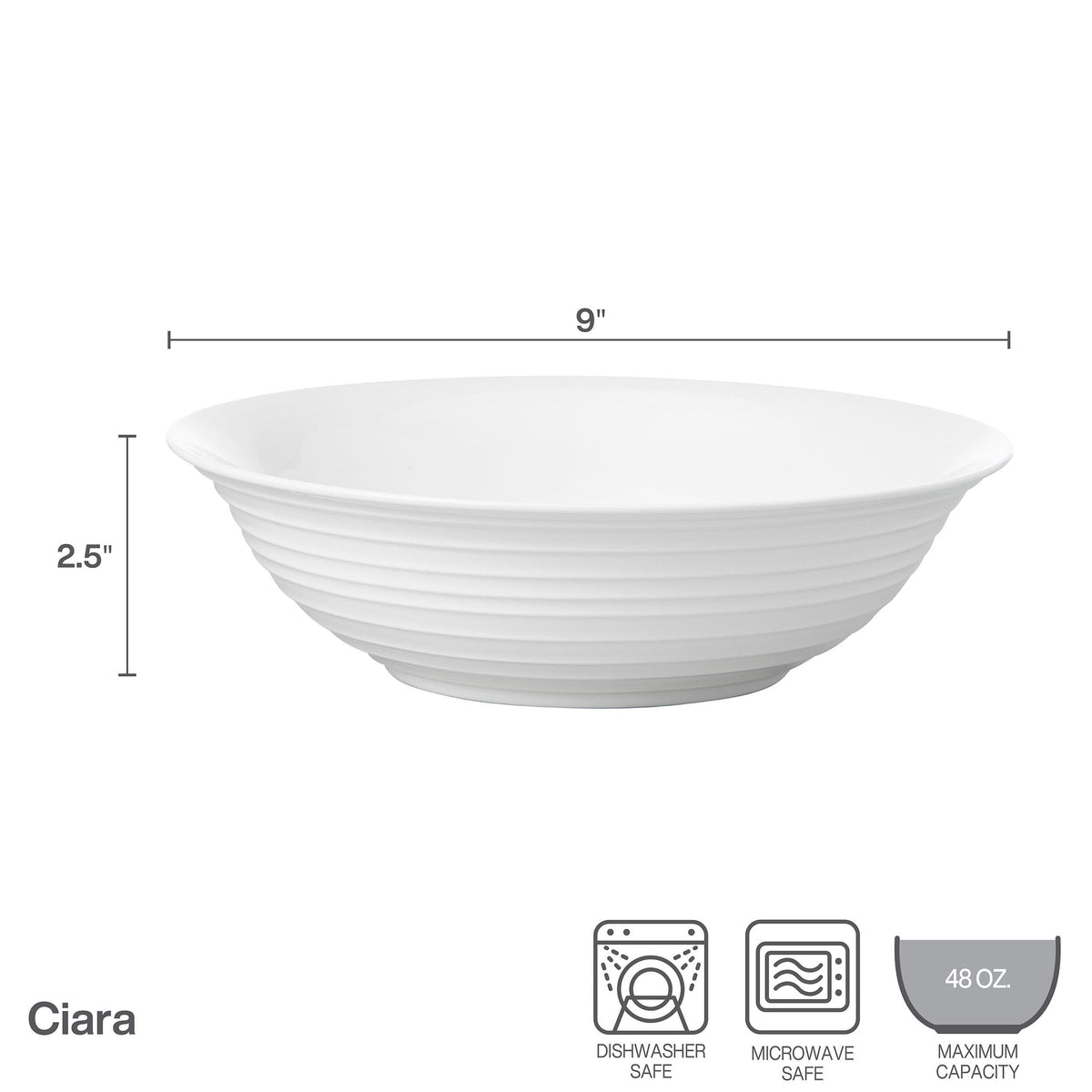 Close up of Ciara flared serve bowl showing ribbed exterior with 9 inch diameter