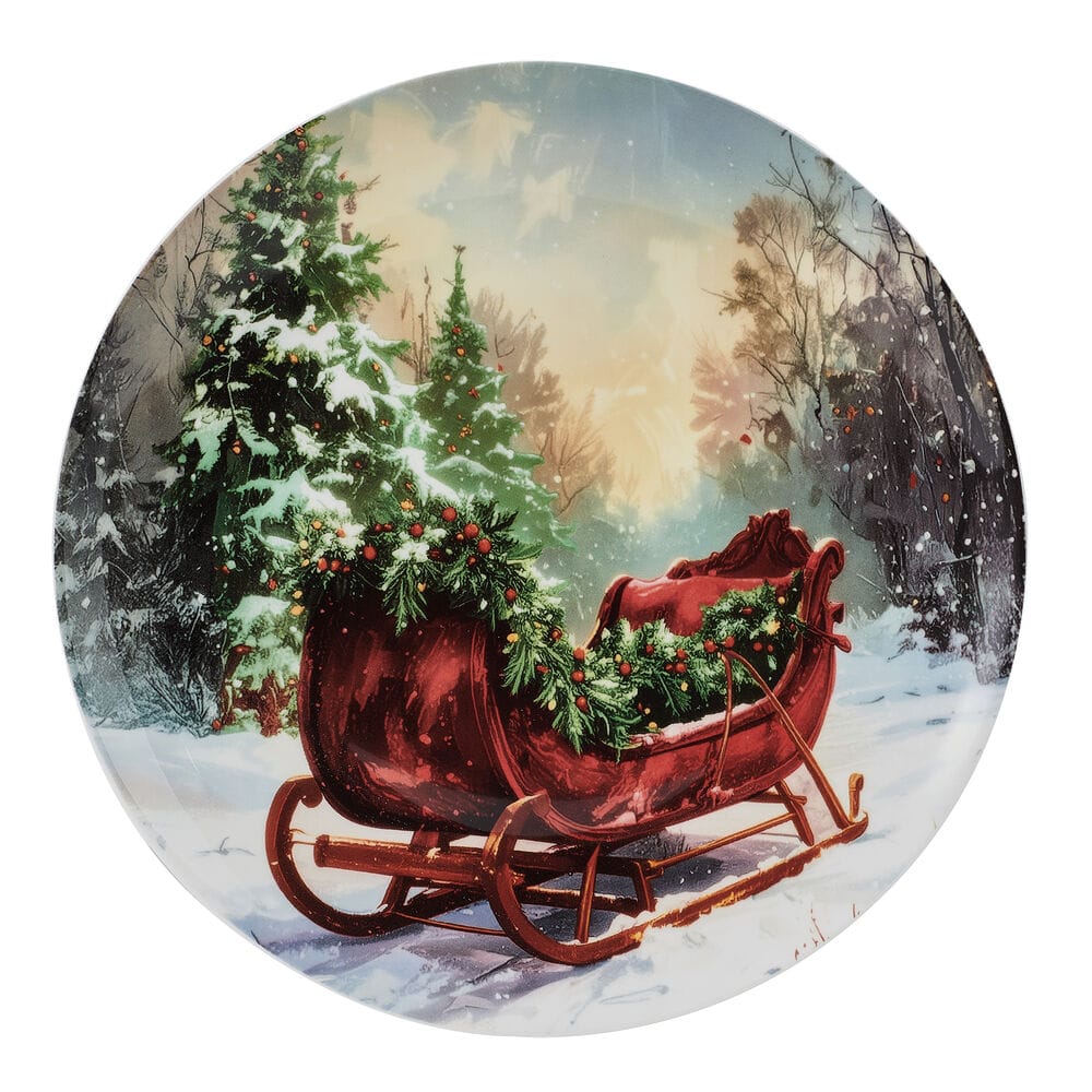 Snowy scene of a red sleigh adorned with pine garlands in a winter forest