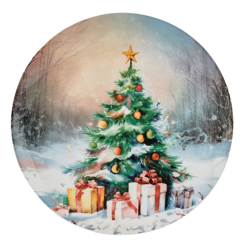 Snowy Christmas tree with colorful ornaments and presents at its base