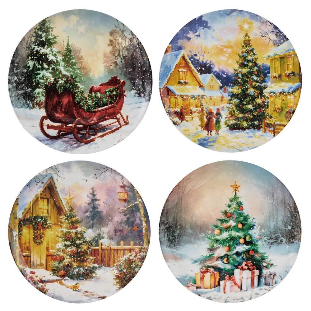 Set of four round vintage Christmas salad plates with festive holiday scenes.