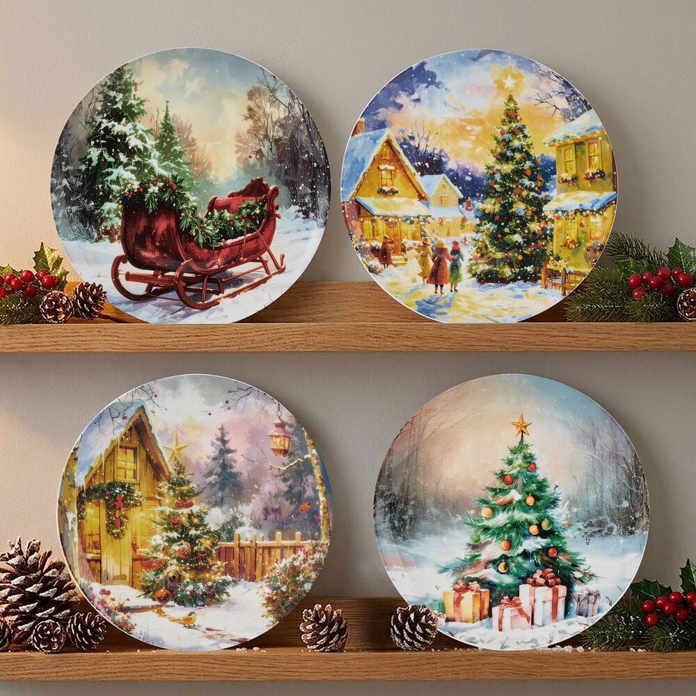 Set of four vintage Christmas salad plates featuring snowy sleigh and village scenes.