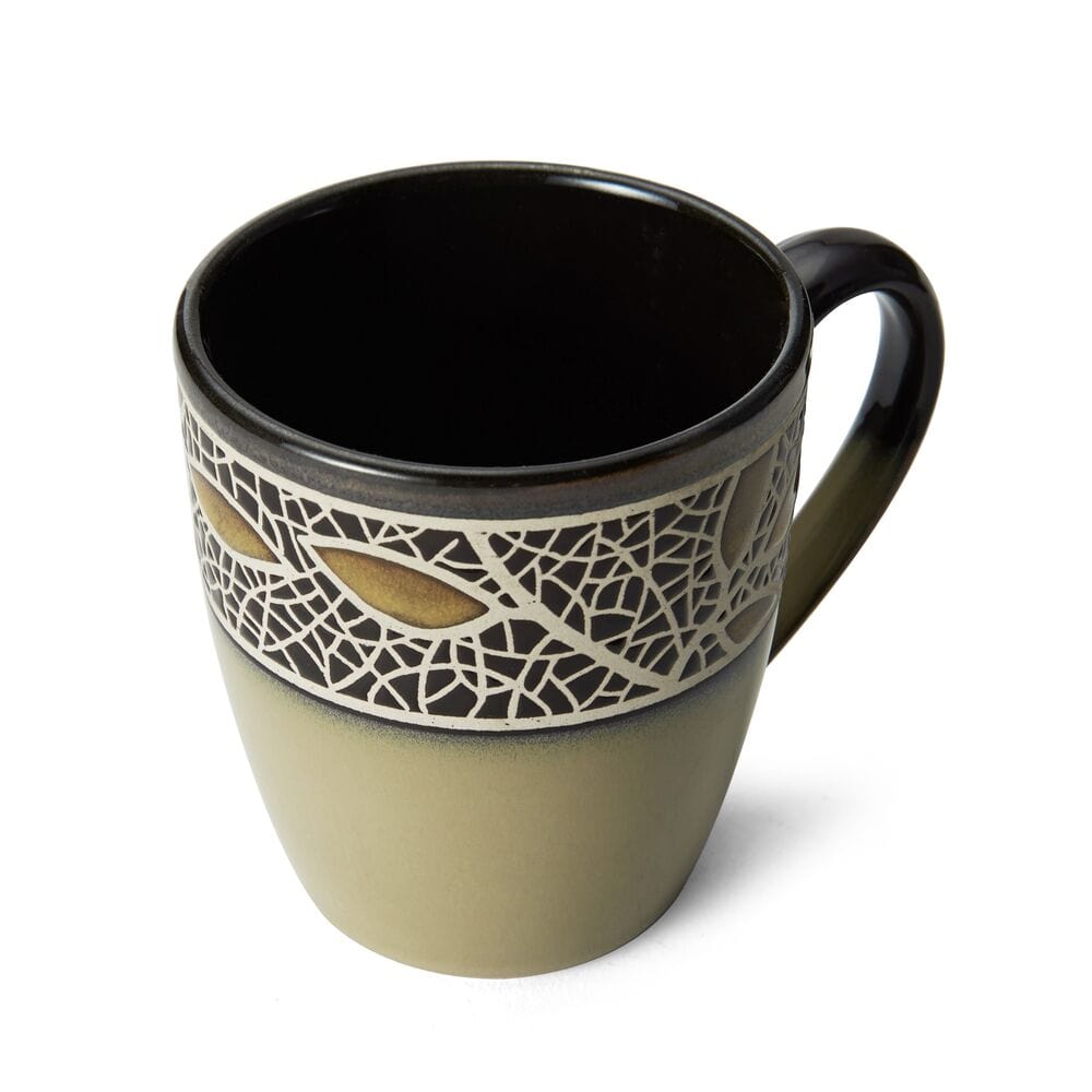 Alexandria mug angled to reveal the lattice motif on the upper half with tan body and dark rim.