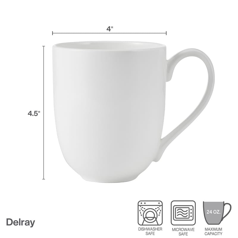 White Delray mug with dimension lines showing 4 inch width and 4.5 inch height and dishwasher and microwave safe icons