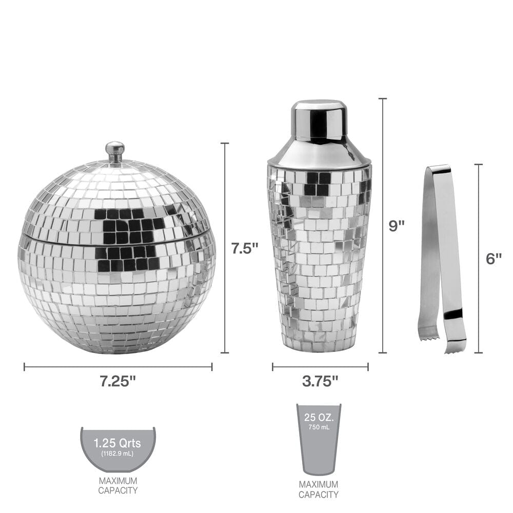 Disco Ball 3 piece bar set with a mirrored ice bucket a tall cocktail shaker and tongs