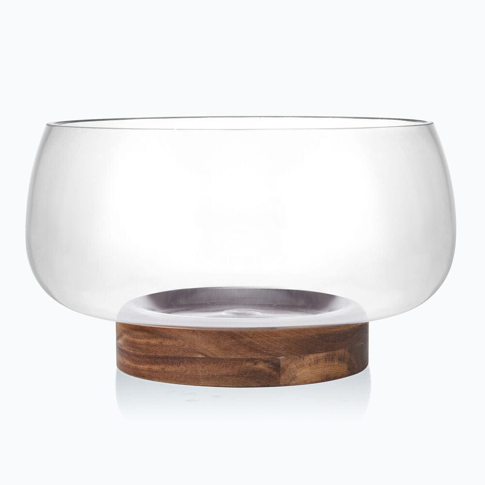 Glenwood glass punch bowl with a rounded bowl perched on a wooden pedestal base.