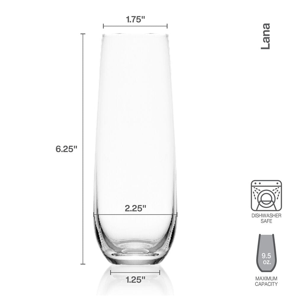 Lana stemless flute glass dimensional diagram showing height 6.25 in top diameter 1.75 in bottom 1.25 in and 9.5 oz capacity