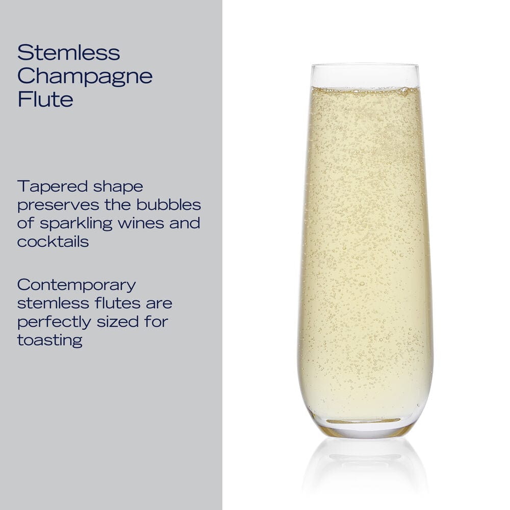 Lana set of four stemless champagne flutes one filled with sparkling wine beside a grey information panel.