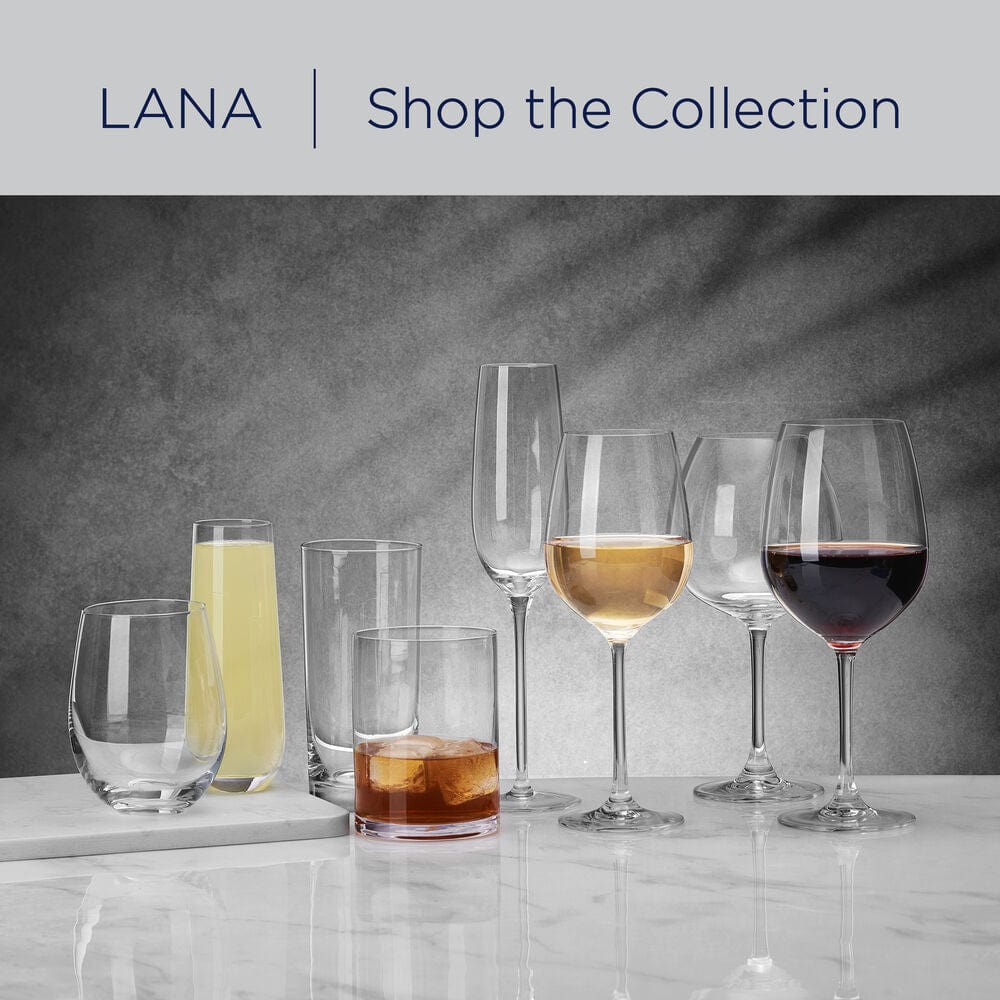 LANA Shop the Collection banner with assorted stemless flute glasses on a marble table displaying different drinks.