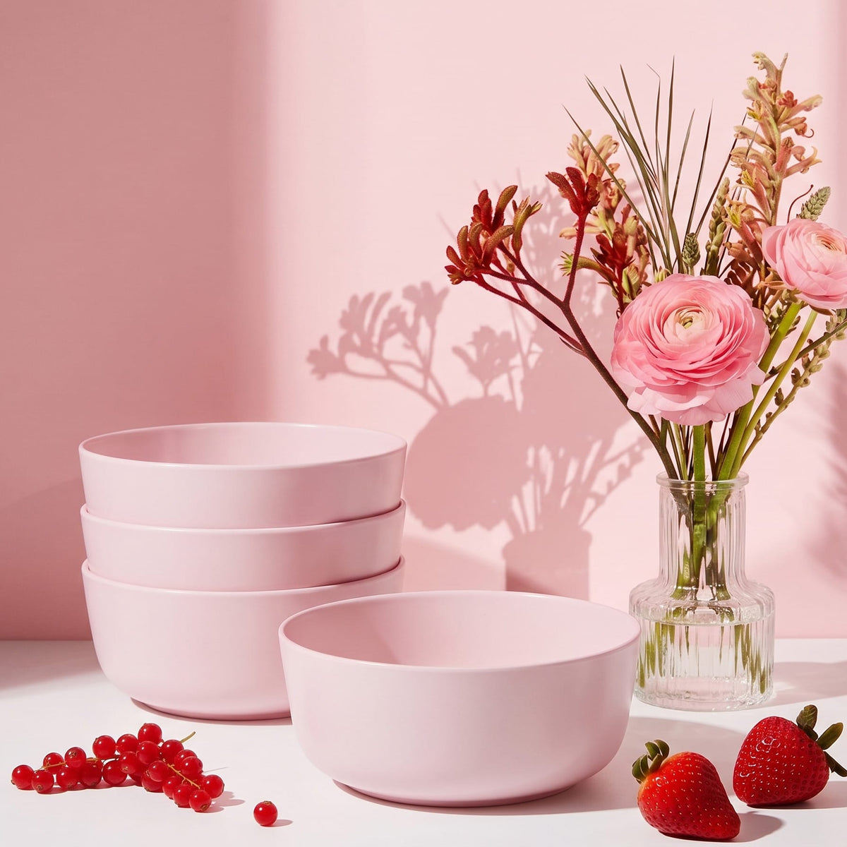 Four pastel pink Madison soup and cereal bowls stacked beside a vase of pink flowers.