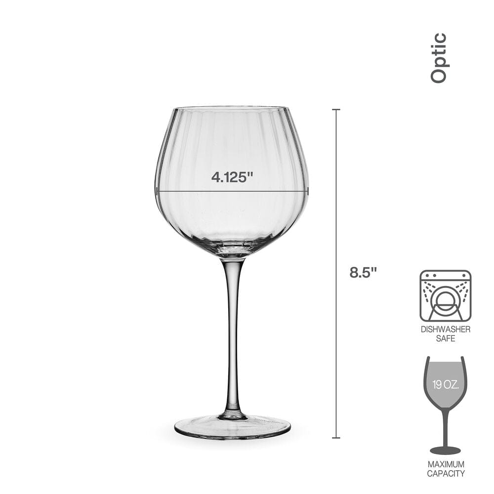 Optic style wine glass with long stem and 19 oz capacity.