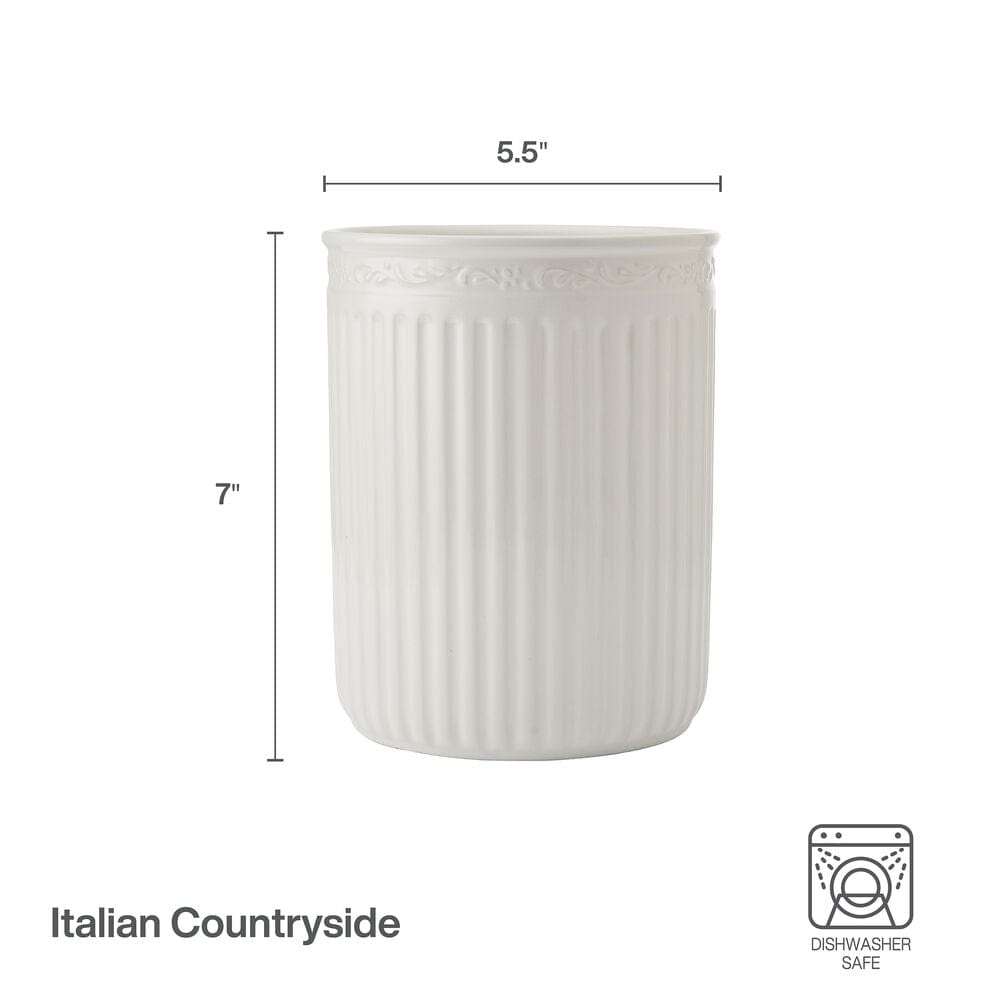 Italian Countryside utensil crock with vertical ridges shown with measurement graphic 5.5 inches wide by 7 inches tall and a dishwasher safe icon
