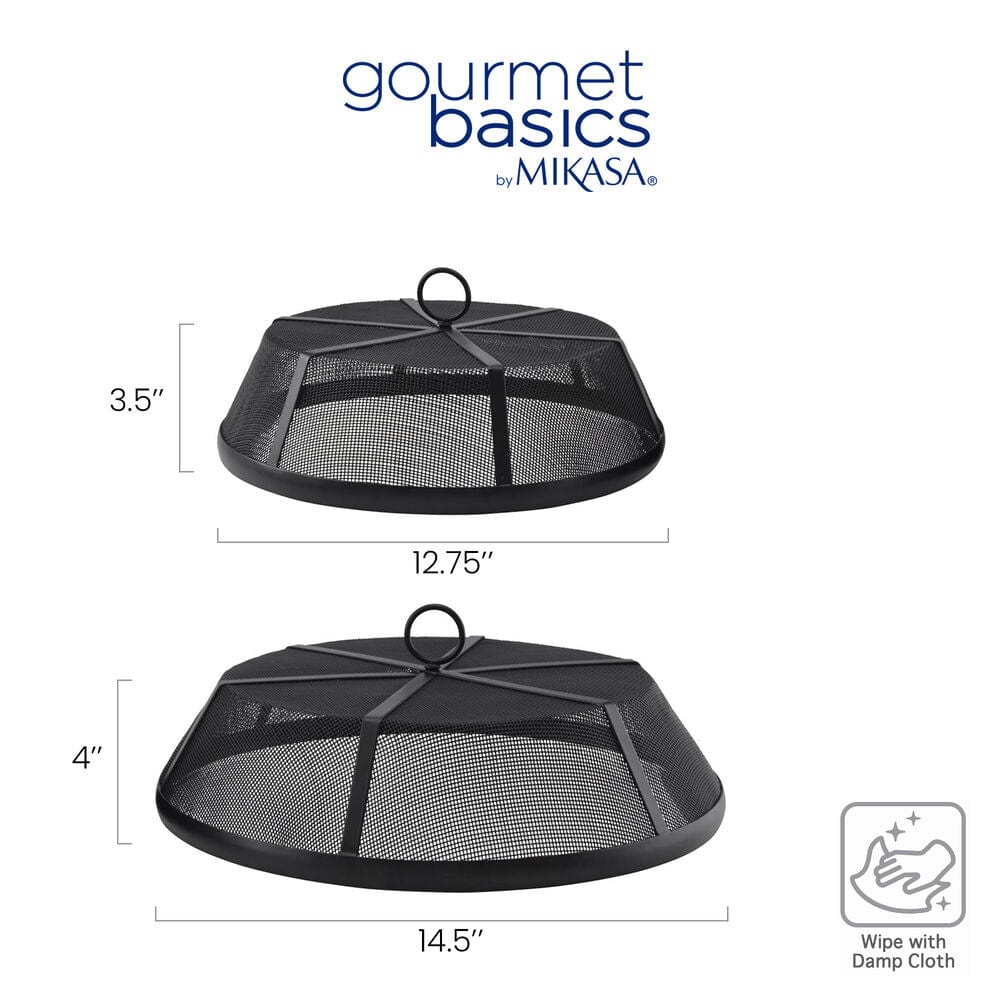 Product diagram of two mesh tray covers with dimension labels and the Gourmet Basics by Mikasa logo.